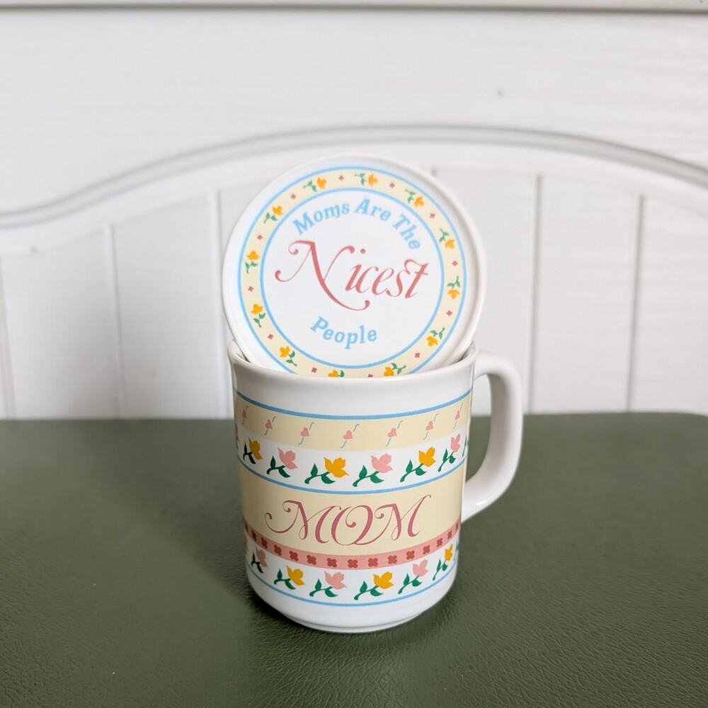 Vintage Giftco "Moms are the nicest people" Mug/Lid & Coaster Set
